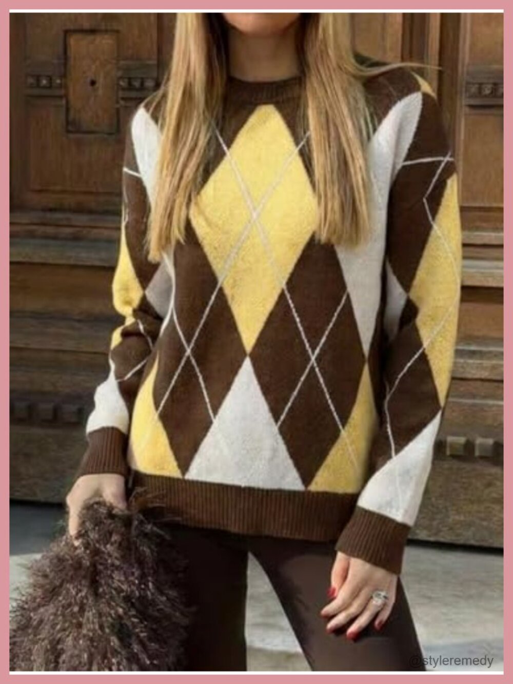 Women's Argyle Knit Pullover Sweater Long Sleeve Crewneck Loose Fit Top - Picture 5 of 6